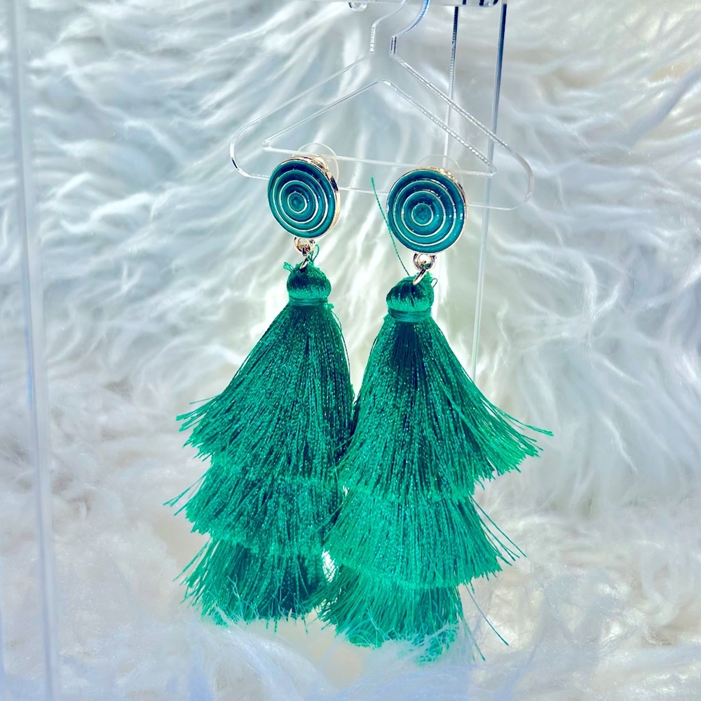 Green Tassel Earrings With Studs